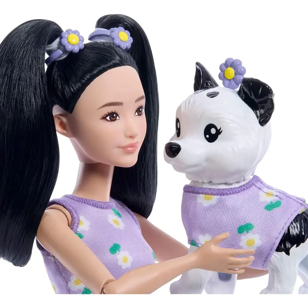Barbie Twinning Looks Doll with Pet Dog in Matching Purple Daisy Clothes NWT